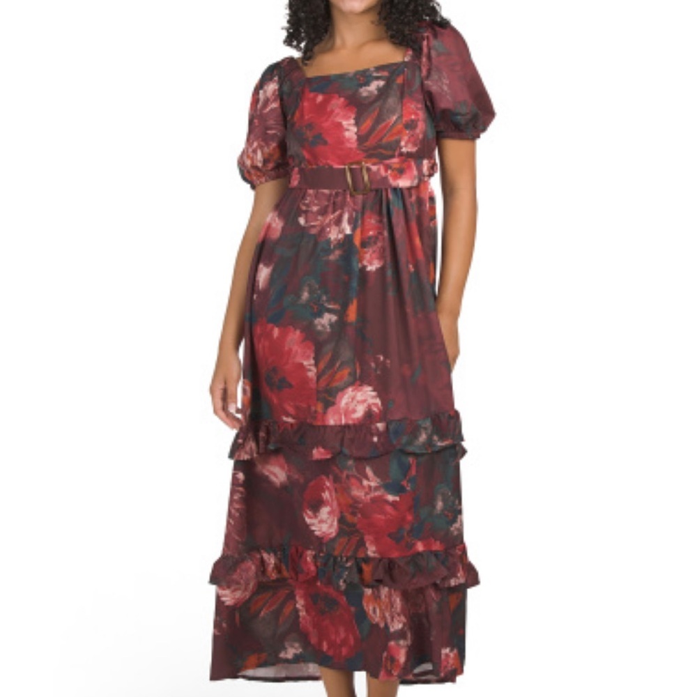 NWT US TOGETHER Floral Short Sleeve Removable Belt Ruffle Smocked Maxi Dress
